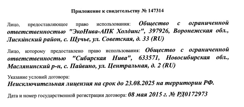 Лицензионный договор с Сибирской нивой